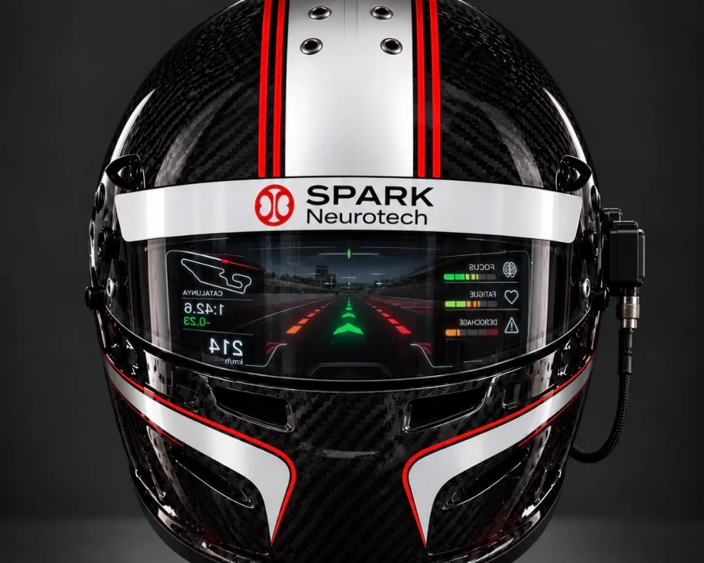 SPARK Neurotech racing helmet in carbon with red and white stripes; in the visor, a colour display shows the circuit map, the lap time, the gap, the speed, green arrows for the line and bars for the driver's state.