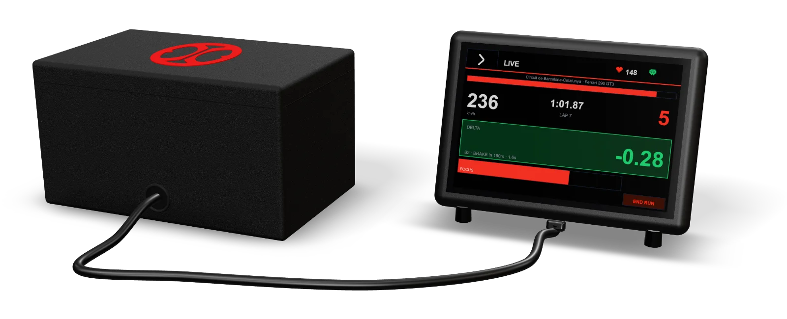 The SPARK box, matte black with the red emblem on top, cabled to its touchscreen showing speed, lap time and the gap to the best lap.